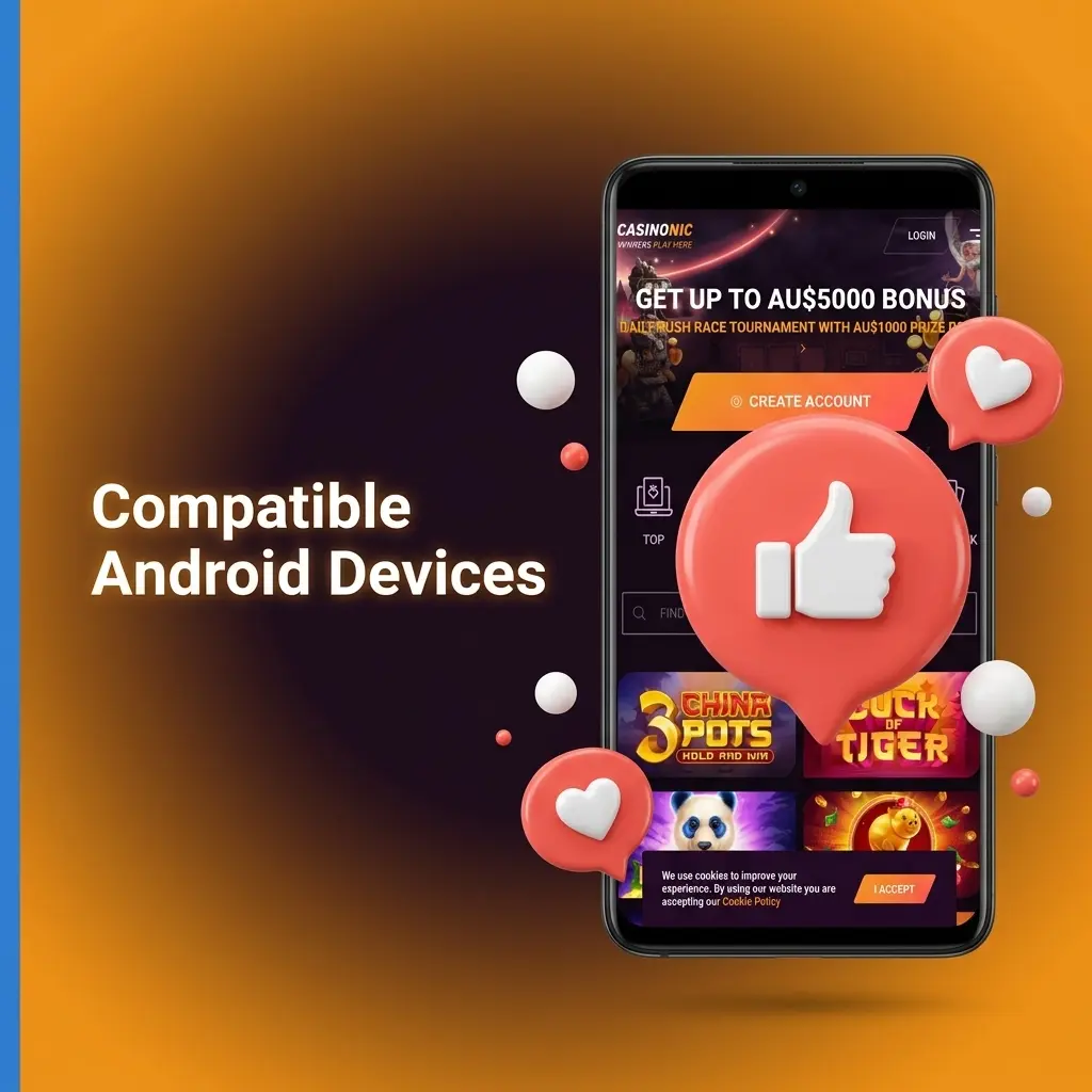 Casinonic app compatible Android devices in Australia including Samsung, Google Pixel, OnePlus, Xiaomi, OPPO, Motorola, Sony, Nokia