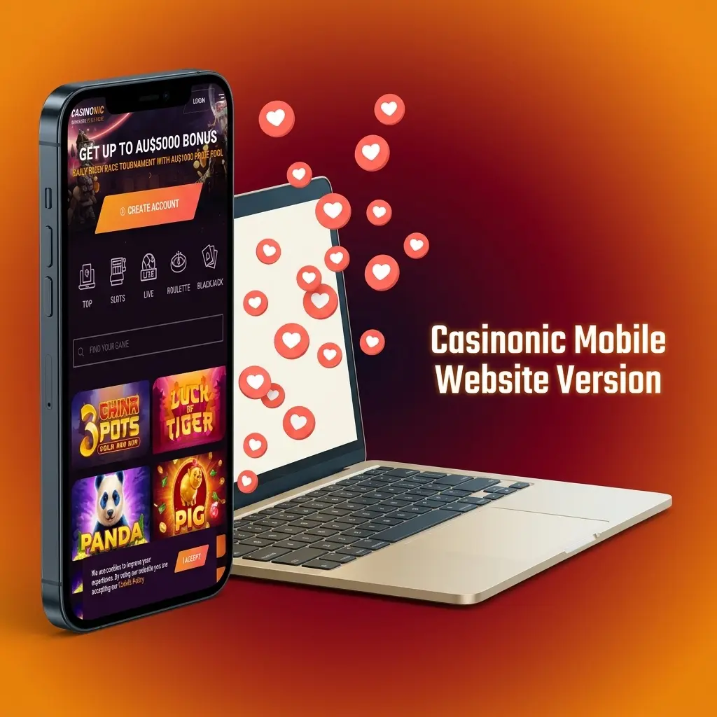 Casinonic mobile website displayed on a smartphone, showing casino games and sports betting options for Australians.